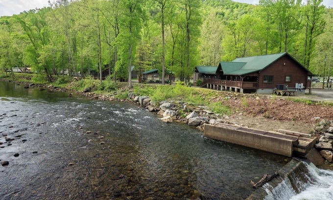 Elkins Cabin | Fall Foliage Riverfront Cabin w/Hot Tub, King Bed, EV & Firepit & Mountain Views
