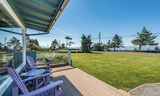 Sequim House | Fireplace Room - Water view, Jetted tub, King, Kitchen