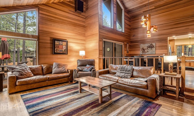 Black Butte Ranch House | Forested getaway with kitchen, stone fireplace, pool, & private hot tub