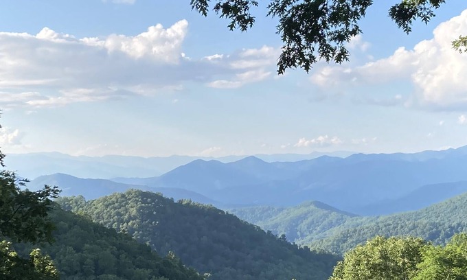 Sylva House | Glorious Mountain View’s, private serenity with fireplace and covered deck.