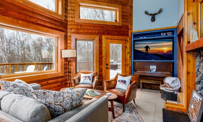 Anchorage House | Gorgeous cabin home with private hot tub, private washer/dryer, & gas fireplace
