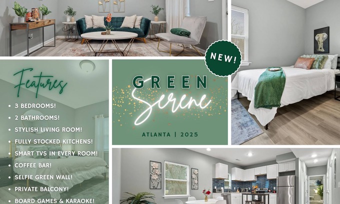 Atlanta Apartment | Green Serene – Furnished 3BR Near Downtown ATL w/Games, Porch & Coffee Bar