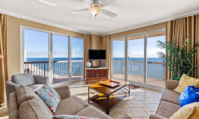 Panama City Beach Condo | Gulf Front END Unit in Sunrise Beach, Wrap Around Balcony! Close 2 Pier Park!