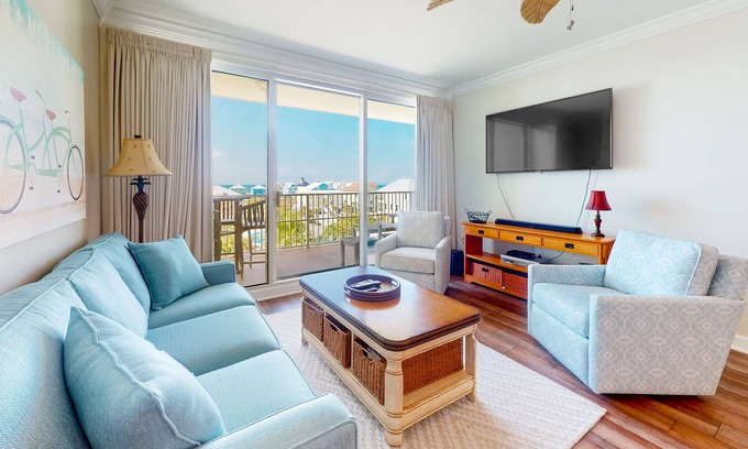 Fort Morgan Condo | Gulf-view beach condo with balcony, pool, hot tub, fitness center, AC, & W/D