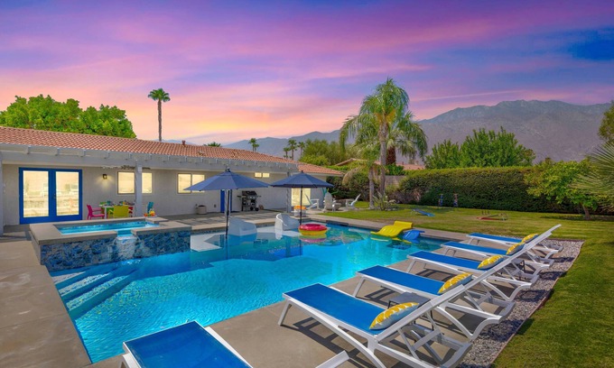 Palm Springs House | Happy Tamarisk: All-New Saltwater Pool & Spa | Fire Pit | Lawn | Stunning Mountain Views