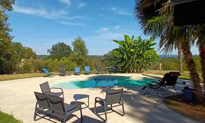 Carennac House | House with covered terrace and swimming pool, breathtaking view of the Dordogne valley