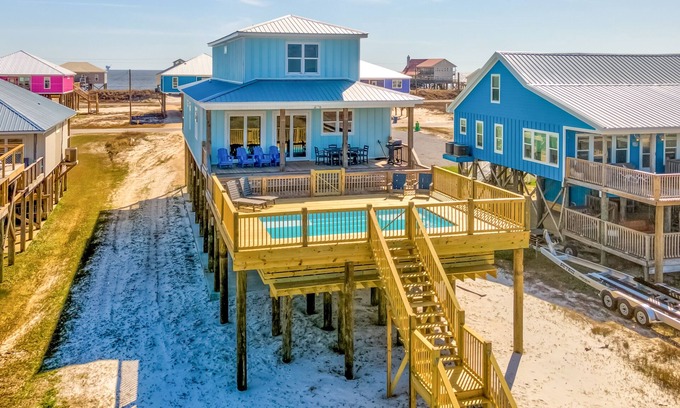 Dauphin Island House | Idyllic, dog-friendly Bay Front Island home with pool, Gulf view & large decks