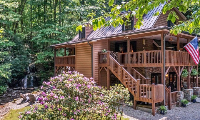 Maggie Valley Cabin | KnightFall-Luxury Cabin w/Waterfall in Backyard, Pet-Friendly, Private, Stunning