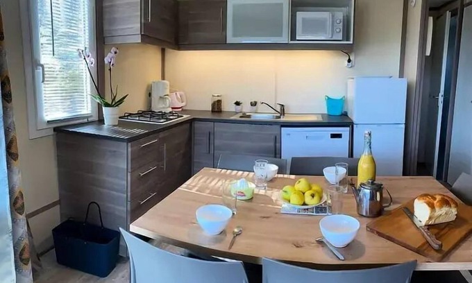 Daglan Ski Chalet | La Peyrugue Campsite * - Chalet RÊVE +: air conditioning - dishwasher - 2 bedrooms - 2 Chilean deckchairs - Covered terrace for 5 people