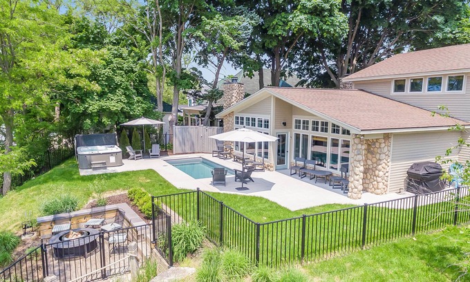 South Haven House | Lakefront Home w/Pool, Hot Tub, Firepit & Private Beach!