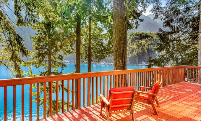 Port Angeles Cabin | Lakefront home with stunning views, private hot tub, dock & 2-story deck