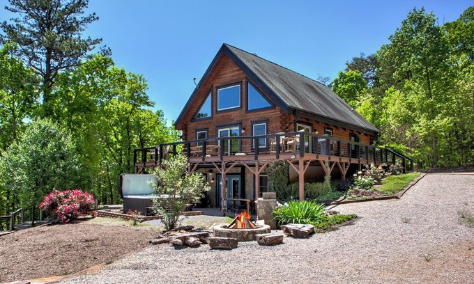 Marion House | Laughing Logs: Mountain Cabin with Hot Tub, Games, & Stunning Views