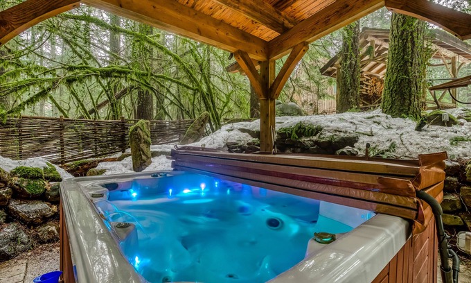 Rhododendron House | Luxe compound with private sauna, hot tub, rec house & fireplace