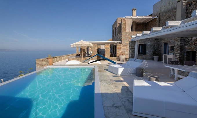 Kea Villa | Luxurious villa on the watefront with a swimming pool & steps leading to the sea