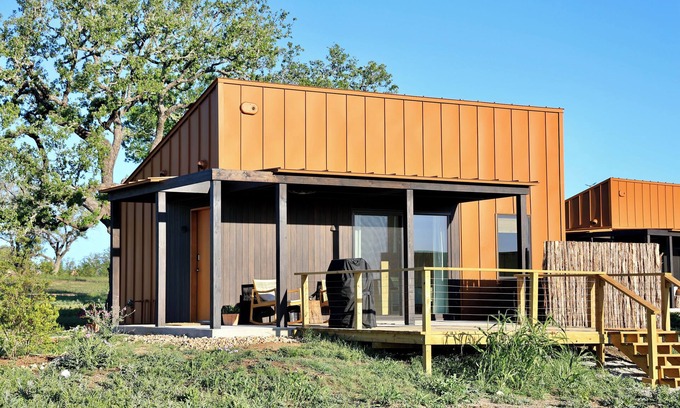 Stonewall Cabin | Luxury cabin in the center of the Texas Wine Country; large private porch w/hot tub, gas grill and fire pit; pet friendly