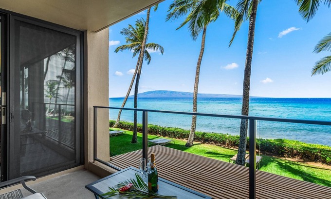 Honokowai Condo | Mahana Resort 215 - Direct Oceanfront! 1 bed with extra 2nd bath - perfect spot for whale watching