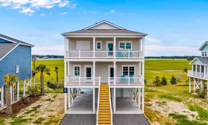 Holden Beach House | Marsh-view home with private heated pool, decks, outdoor shower, washer/dryer