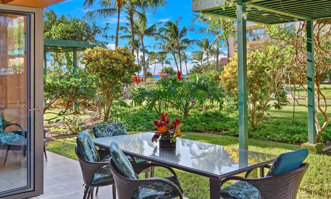 Honokowai Condo | Maui Resort Rentals: Groundfloor Interior Honua Kai Konea 105, Large Lawn Area, Steps to Pools/Beach/B.B.Q.s!