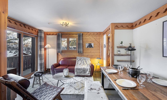 Meribel Village Apartment | Modern apartment near slopes with pool and spa access