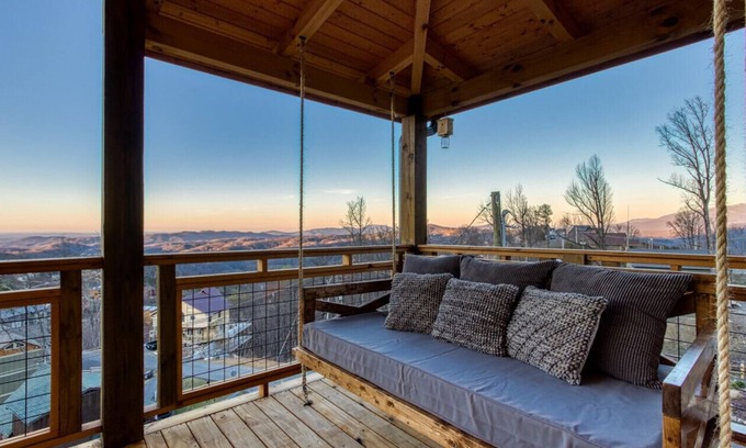 Chalet Village North Cabin | Moonshiners Hideout | Swing Bed, Hot Tub & Mountain Views