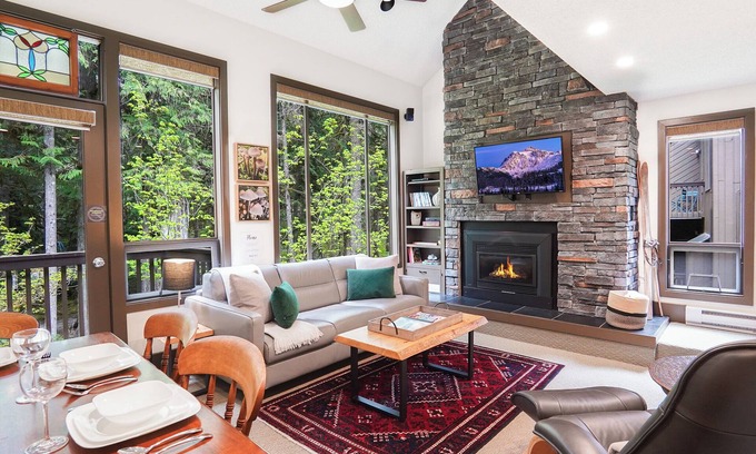 Glacier Condo | Mountain Modern Snowater condo! Fireplace, Pool, Spa, Sauna, indoor sports courts!