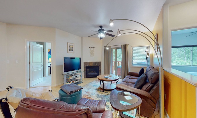 Alyeska Condo | Mountain-view condo with private hot tub, fireplace, deck, W/D