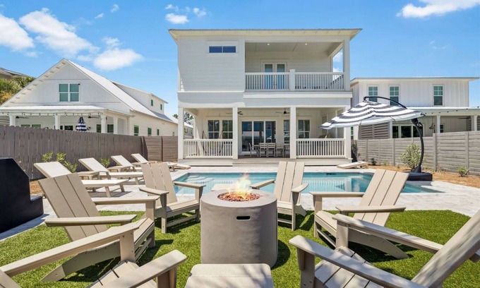 Village of Sugar Beach House | NEW! Pool, Hot Tub, Cold Plunge, LSV, Bikes! Walk to Beach! Pet Friendly!