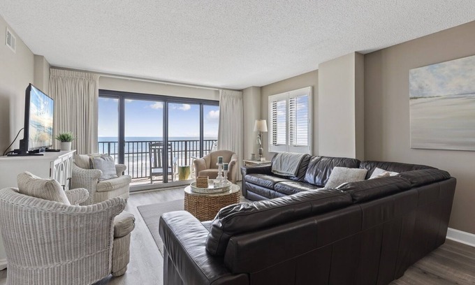 Cherry Grove Beach Condo | Oceanfront Luxury 3BR/2BA End Unit with Pool, Fitness Room and Hot Tubs.