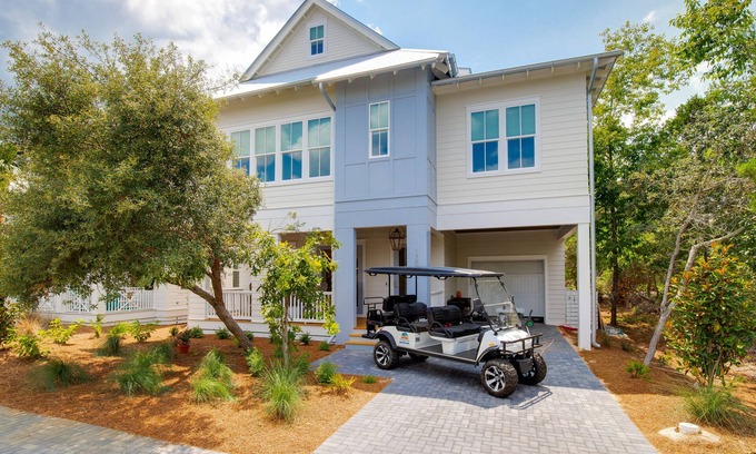 Lakeside at Blue Mountain Beach House | "Over the Moon" 30A Home Golf Cart Elevator Community Pool Blue Mountain Bch
