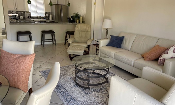 Palm Desert Condo | Palm Desert airy two bedroom-steps from the pool!-golf, tennis, pickle ball!