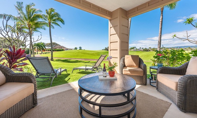 Poipu Condo | Pili Mai Family Condo 11J, Golf Course View, Grassy Area Around Lanai
