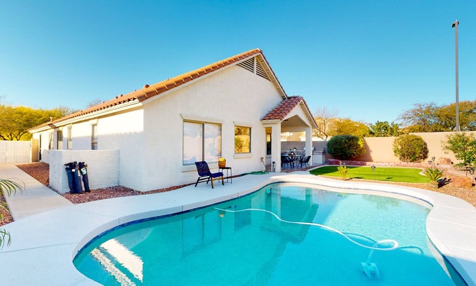 Power Ranch House | Power Ranch home with private pool, outdoor areas & a park across the street