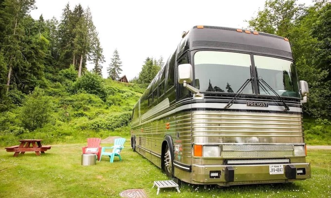 Port Angeles Cabin | Prevost Tour Bus at Whiskey Creek Beach NW