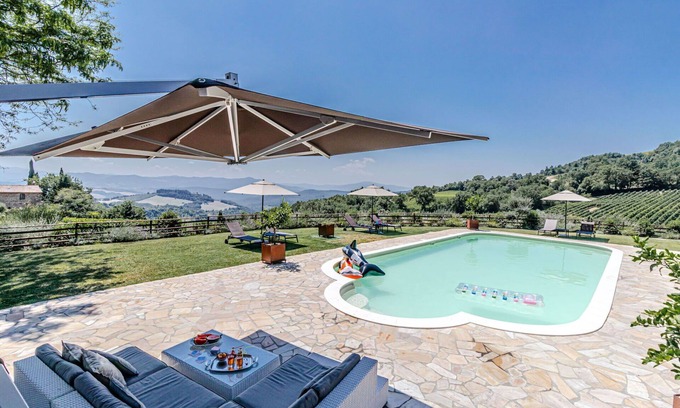 Montecatini Val di Cecina Villa | Private Villa with private pool, A/C, hot tub, WIFI, TV, pets allowed, panoramic view, parking