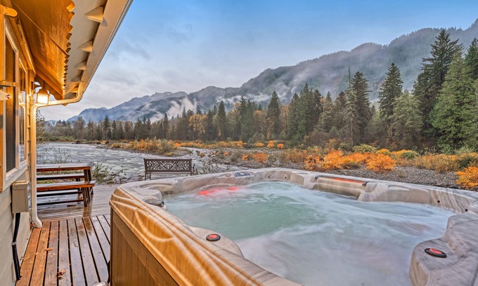 Gold Bar Cabin | Riverfront Mountain Home w/Private Hot Tub, Upgraded Kitchen, and Large Deck