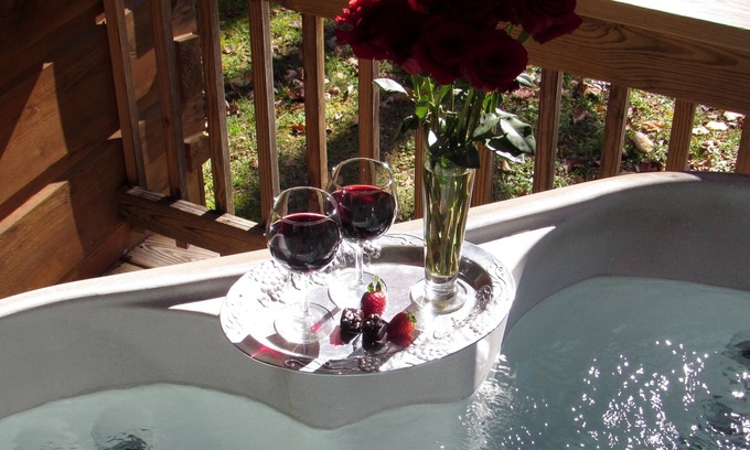 Hot Springs Cabin | Romantic Pet Log Cabin with hot tub, waterfall, wifi, gas grill, firepit creek