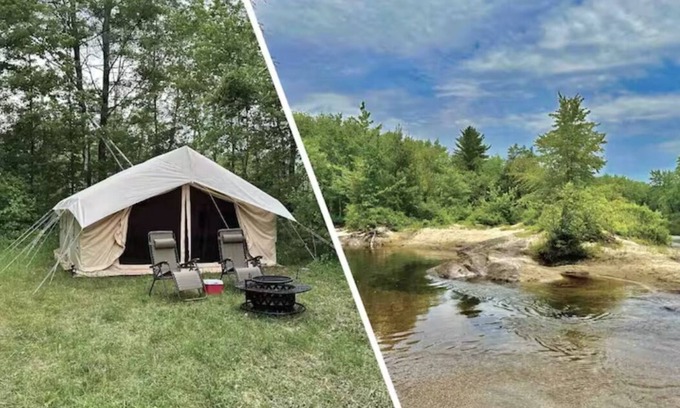 North Hudson RV Rental | Safari Tent nestled in the woods on the Schroon River with beach and island!