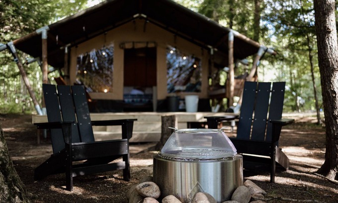 Grafton County RV Rental | Safari Tent Site 5 | 1 King Bed | Pond View
