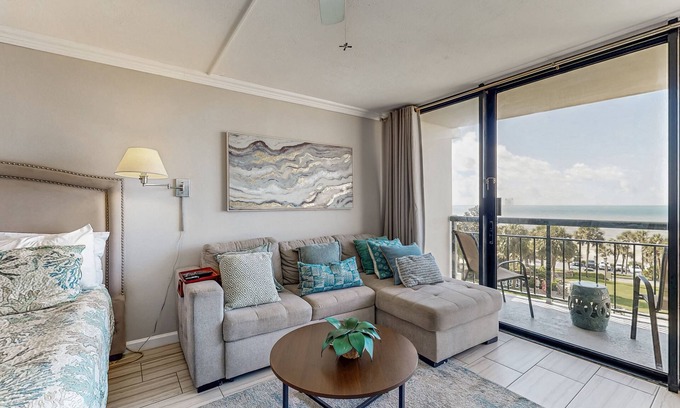 Galveston Apartment | San Luis Resort studio with Gulf view, pool, hot tub, fitness room & firepit