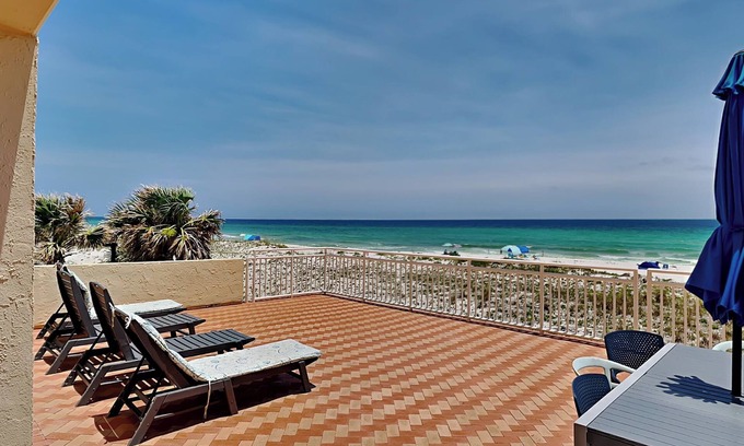 Pensacola Beach Condo | Sans Souci 102 | Gulf-Front, Large Patio + Seasonal Beach Service