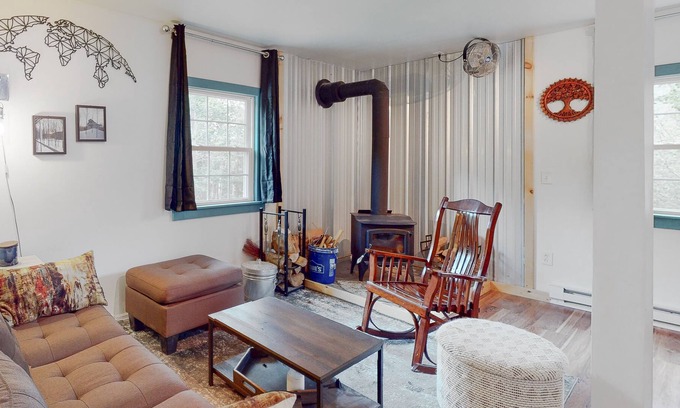 North Troy Cabin | Secluded, dog-friendly cabin with a deck, large yard, firepit, & wood stove