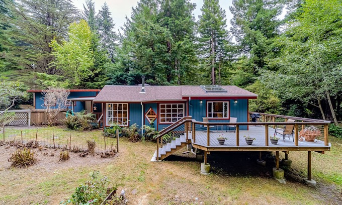 Trinidad House | Secluded forest home with deck, private setting, woodstove, WiFi, & patio