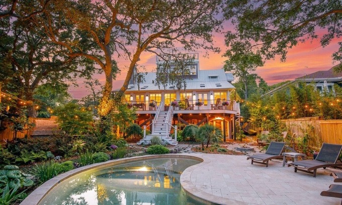Folly Beach Villa | SERENITY SHORES Private Luxury 5-Level Tropical Oasis, Pool, Steps to Beach