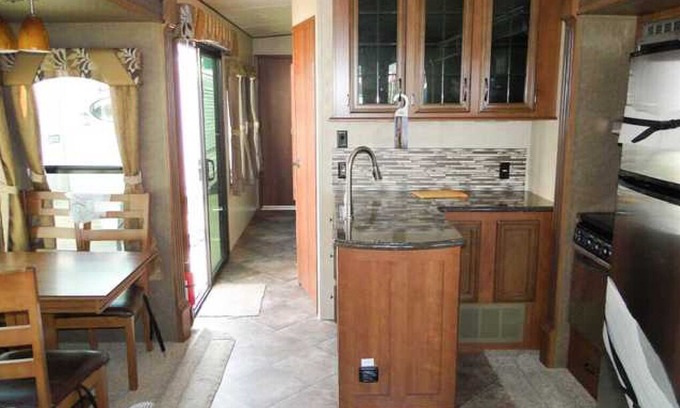 Benzonia RV Rental | Spacious Two Bedroom RV Cabin in Timberline Campground