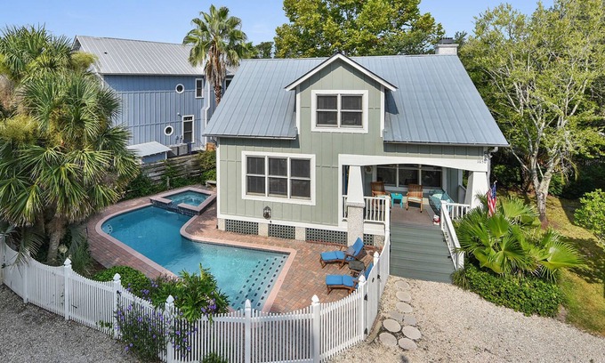Saint Simons Island House | St Simons Coolest Dog Friendly Beach Bungalow with Private Heated Pool/Hot Tub!