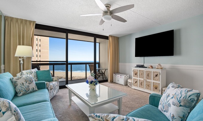 North Ocean City House | Stunning beachfront condo with balcony, tennis/beach views, pools, gym, & AC