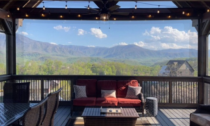 Chalet Village North Cabin | STUNNING MOUNTAIN VIEWS! Multiple HUGE Decks, Game Room, Fire Table, Hot Tub!