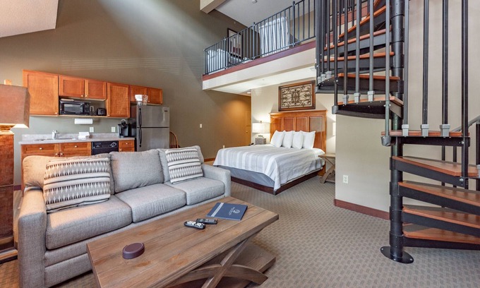 Thayerville Apartment | Suites at Silver Tree A304: Studio with Loft Suite, Fireplace, Private Balcony!