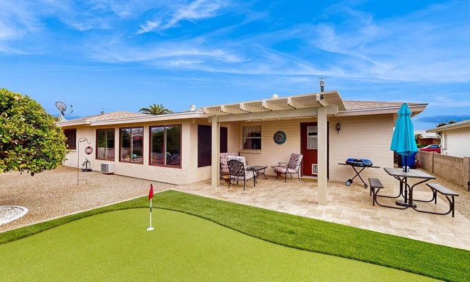 Sunland Village House | Sunny home with covered patio, grill, pool, tennis, hot tub, full kitchen, & AC