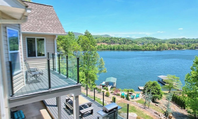 Hiawassee House | Sunnyside Shores - By Chatuge Home Concierge private dock, covered boat slip, deep water year round, hot tub, firepit, grill , lakefront